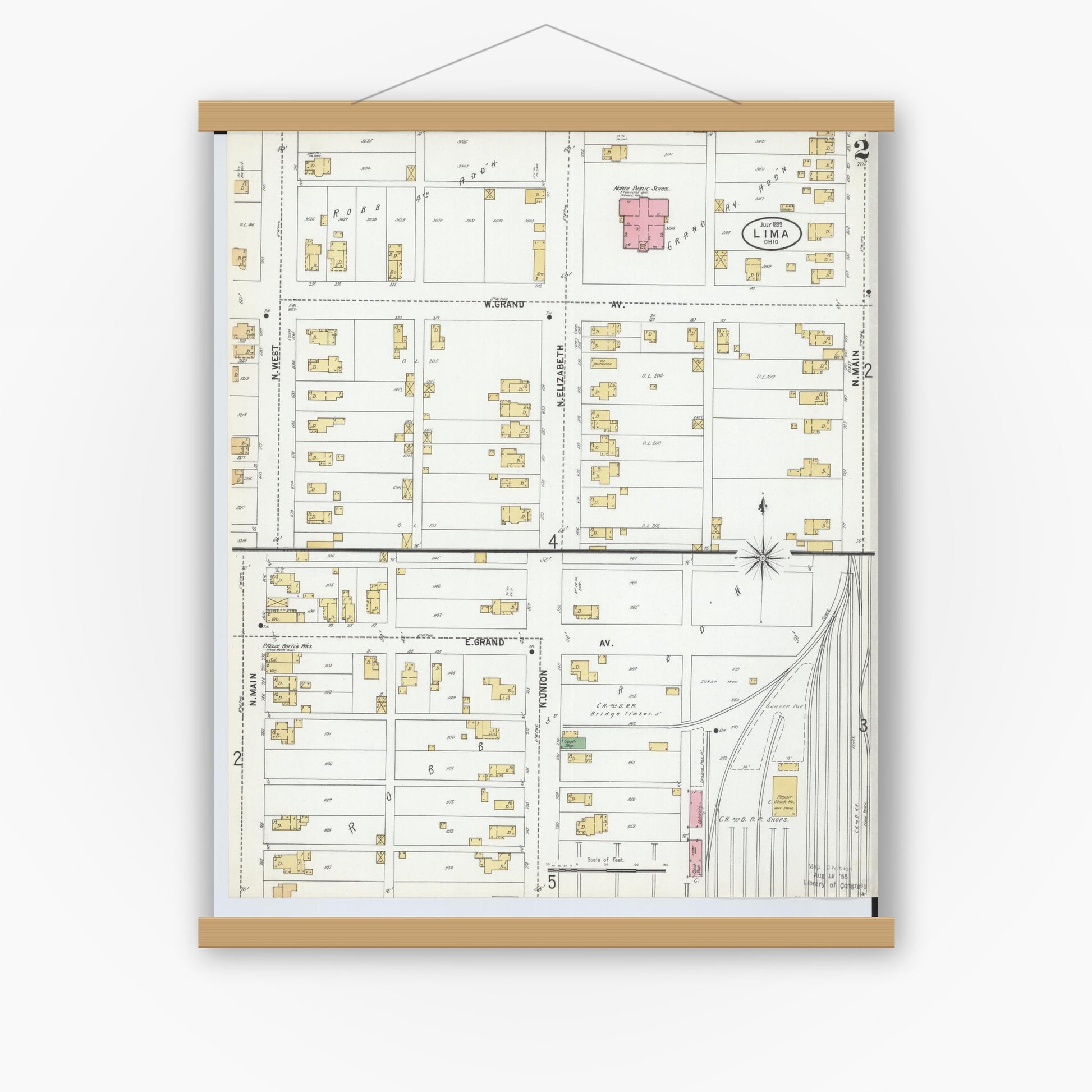 Old map wall art mockup — magnetic wood frame on white wall — Sanborn Fire Insurance Map from Lima, Allen County, Ohio (1899), Sheet #0002