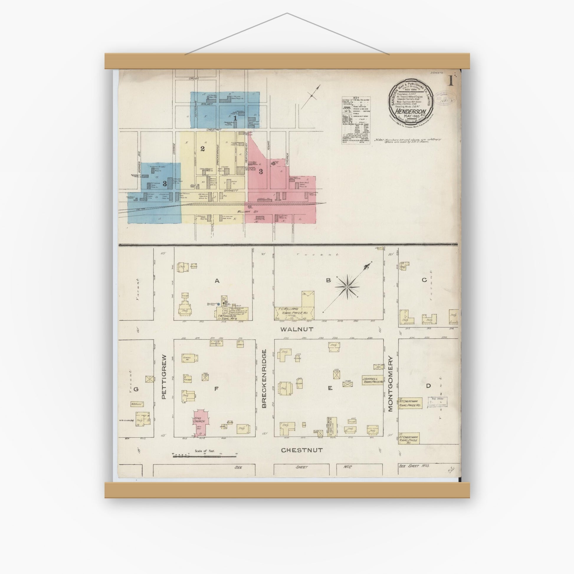Old map wall art mockup — magnetic wood frame on white wall — Sanborn Fire Insurance Map from Henderson, Vance County, North Carolina (1885), Sheet #0001