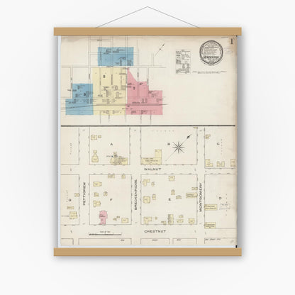 Old map wall art mockup — magnetic wood frame on white wall — Sanborn Fire Insurance Map from Henderson, Vance County, North Carolina (1885), Sheet #0001