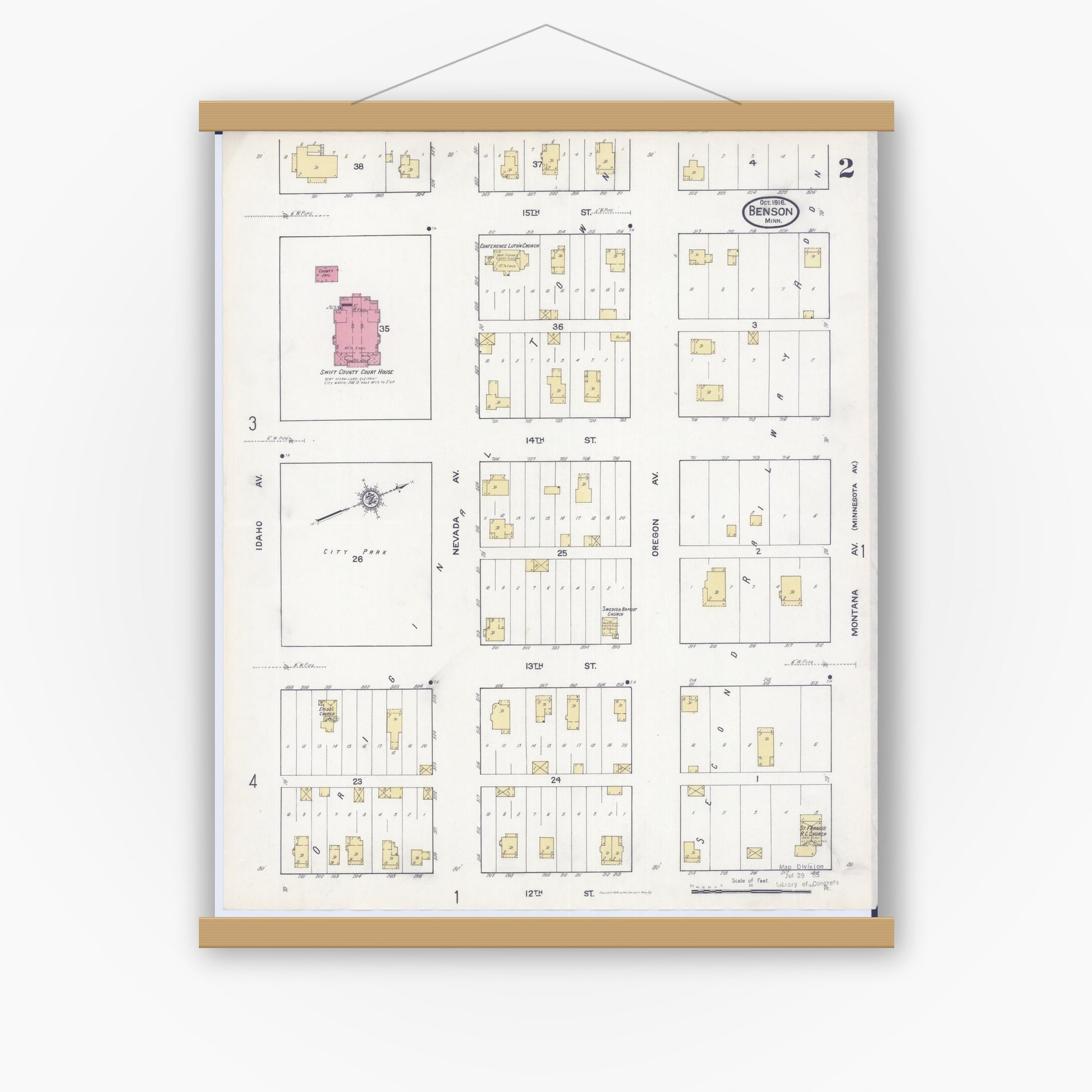 Old map wall art mockup — magnetic wood frame on white wall — Sanborn Fire Insurance Map from Benson, Swift County, Minnesota (1916), Sheet #0002