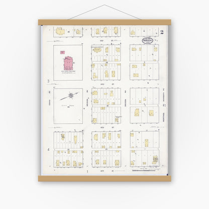 Old map wall art mockup — magnetic wood frame on white wall — Sanborn Fire Insurance Map from Benson, Swift County, Minnesota (1916), Sheet #0002