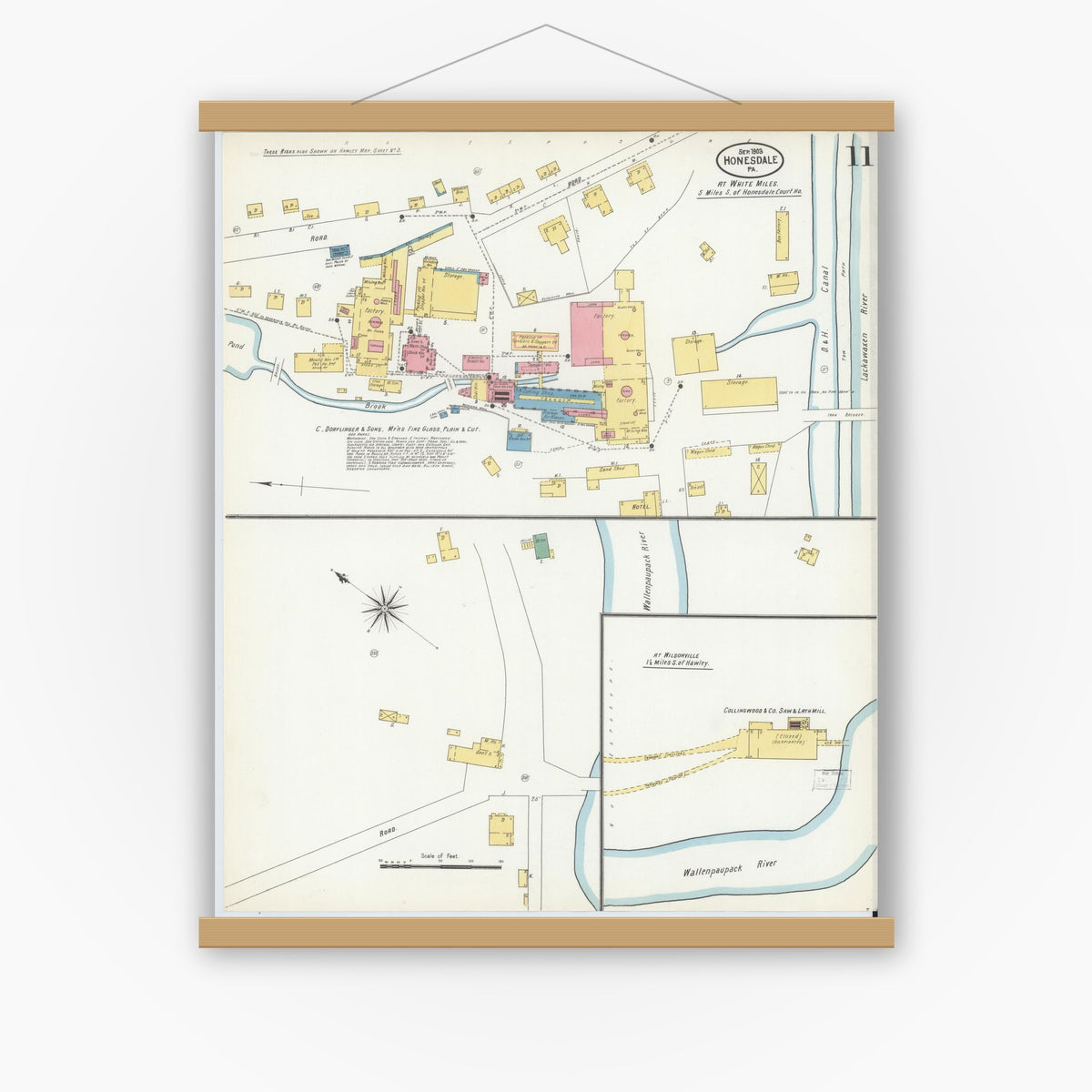 Old map wall art mockup — magnetic wood frame on white wall — Sanborn Fire Insurance Map from Honesdale, Wayne County, Pennsylvania (1903), Sheet #0011