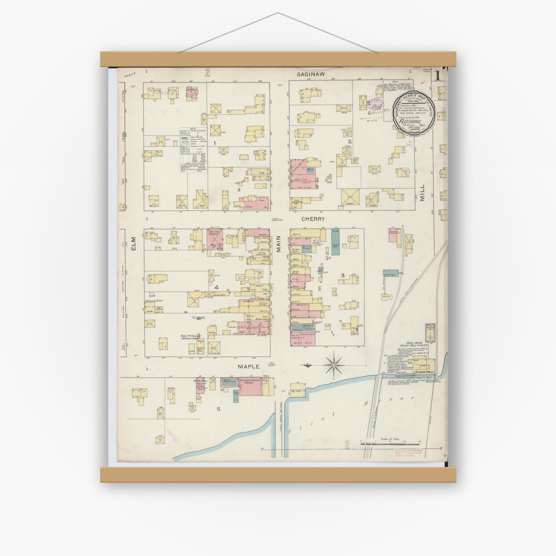 Old map wall art mockup — magnetic wood frame on white wall — Sanborn Fire Insurance Map from Flushing, Genesee County, Michigan (1893), Sheet #0001