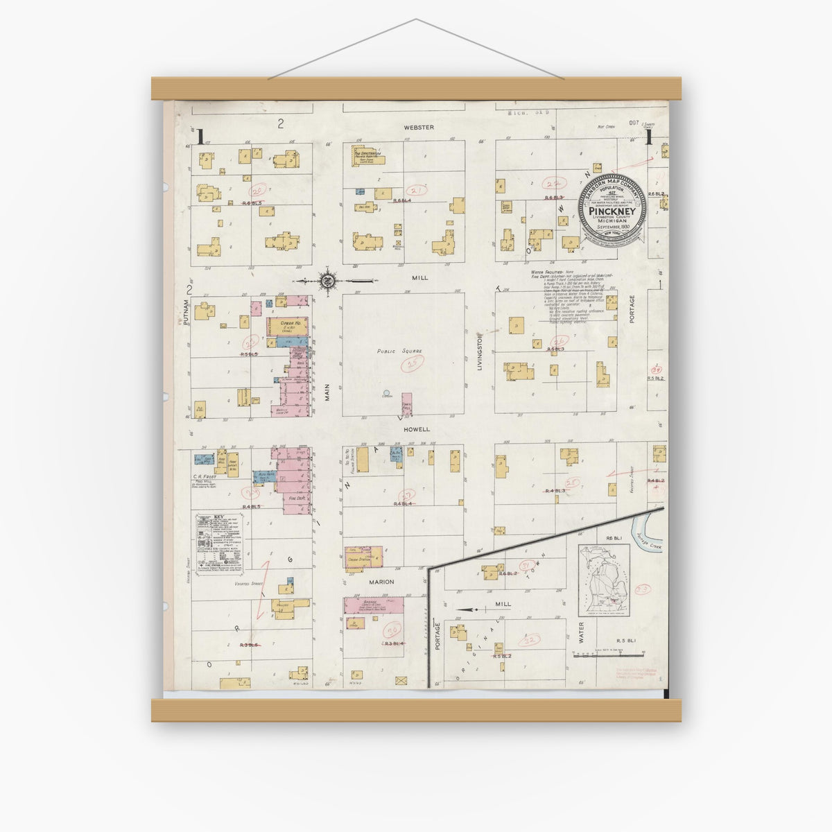 Old map wall art mockup — magnetic wood frame on white wall — Sanborn Fire Insurance Map from Pinckney, Livingston County, Michigan (1930), Sheet #0001