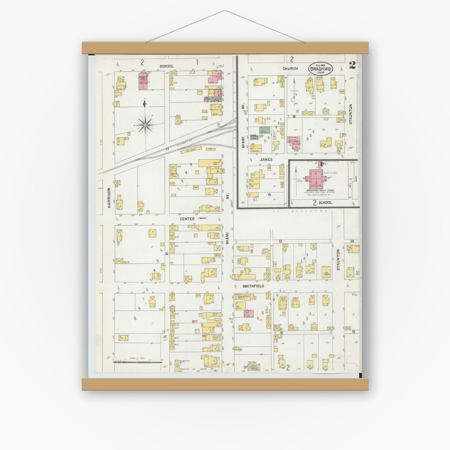 Old map wall art mockup — magnetic wood frame on white wall — Sanborn Fire Insurance Map from Bradford, Darke and Miami Counties, Ohio (1901), Sheet #0002
