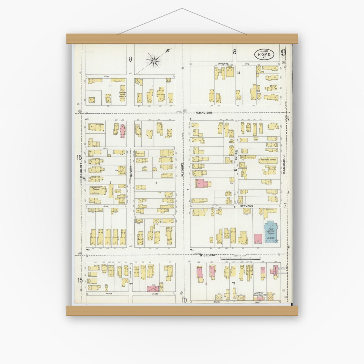 Old map wall art mockup — magnetic wood frame on white wall — Sanborn Fire Insurance Map from Rome, Oneida County, New York (1899), Sheet #0009