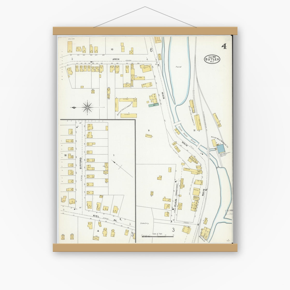 Old map wall art mockup — magnetic wood frame on white wall — Sanborn Fire Insurance Map from Butler, Morris County, New Jersey (1905), Sheet #0004