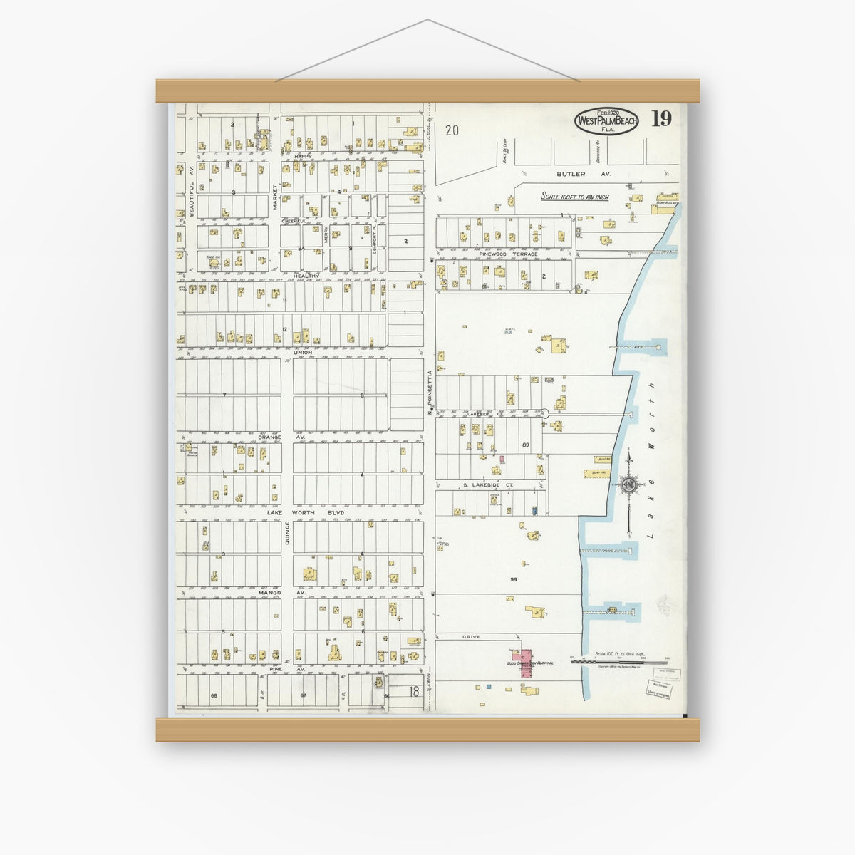 Old map wall art mockup — magnetic wood frame on white wall — Sanborn Fire Insurance Map from West Palm Beach, Dade County, Florida (1920), Sheet #0019