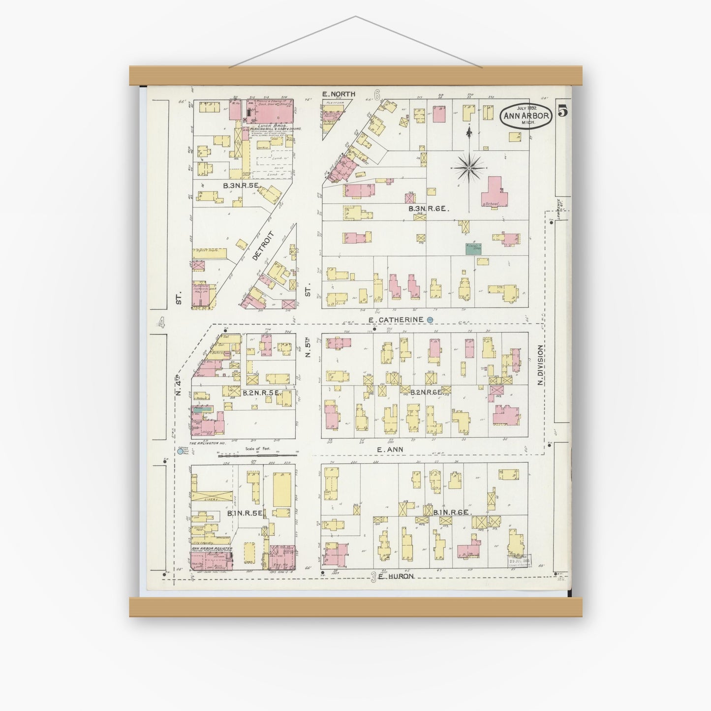 Old map wall art mockup — magnetic wood frame on white wall — Sanborn Fire Insurance Map from Ann Arbor, Washtenaw County, Michigan (1892), Sheet #0005