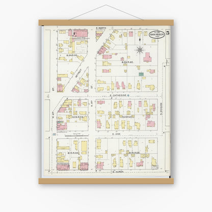 Old map wall art mockup — magnetic wood frame on white wall — Sanborn Fire Insurance Map from Ann Arbor, Washtenaw County, Michigan (1892), Sheet #0005