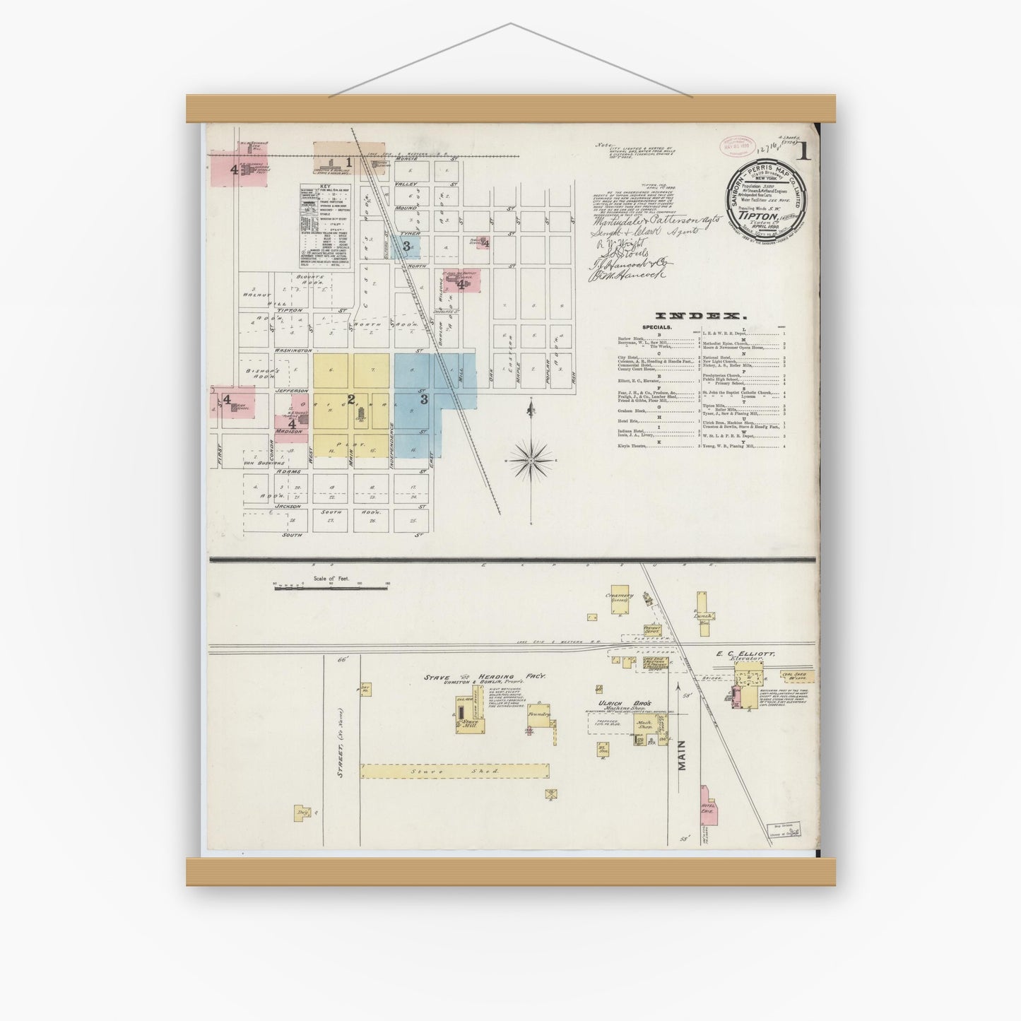 Old map wall art mockup — magnetic wood frame on white wall — Sanborn Fire Insurance Map from Tipton, Tipton County, Indiana (1890) - Complete Map Set