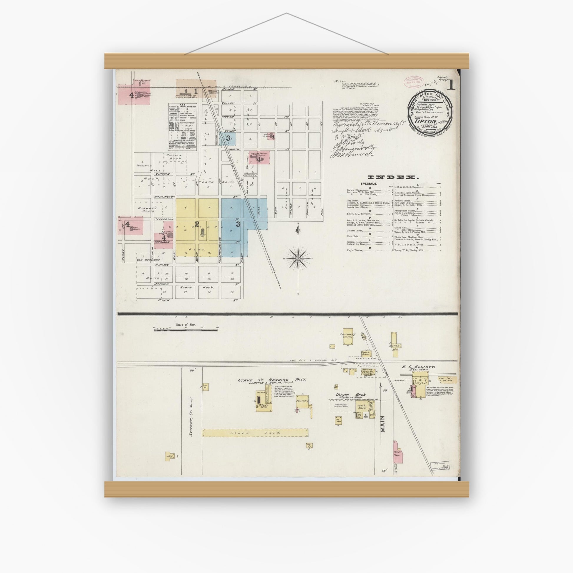 Old map wall art mockup — magnetic wood frame on white wall — Sanborn Fire Insurance Map from Tipton, Tipton County, Indiana (1890) - Complete Map Set
