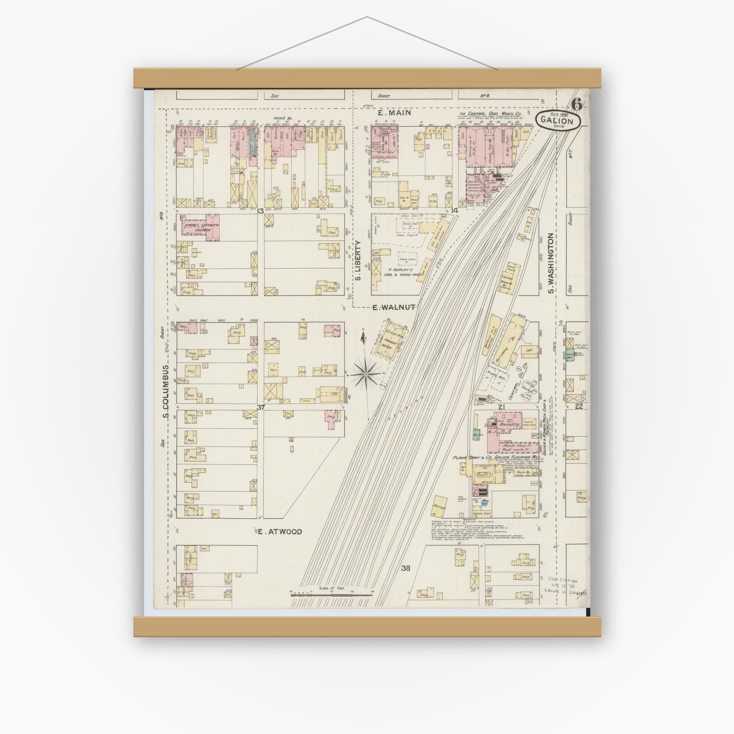 Old map wall art mockup — magnetic wood frame on white wall — Sanborn Fire Insurance Map from Galion, Crawford County, Ohio (1887), Sheet #0006