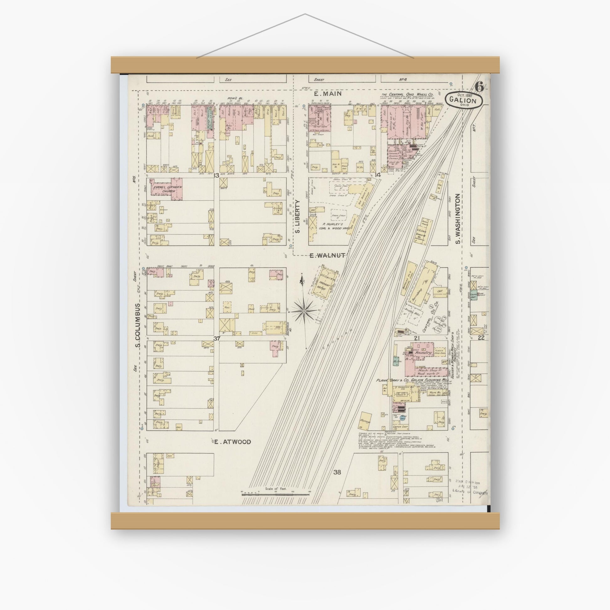 Old map wall art mockup — magnetic wood frame on white wall — Sanborn Fire Insurance Map from Galion, Crawford County, Ohio (1887), Sheet #0006
