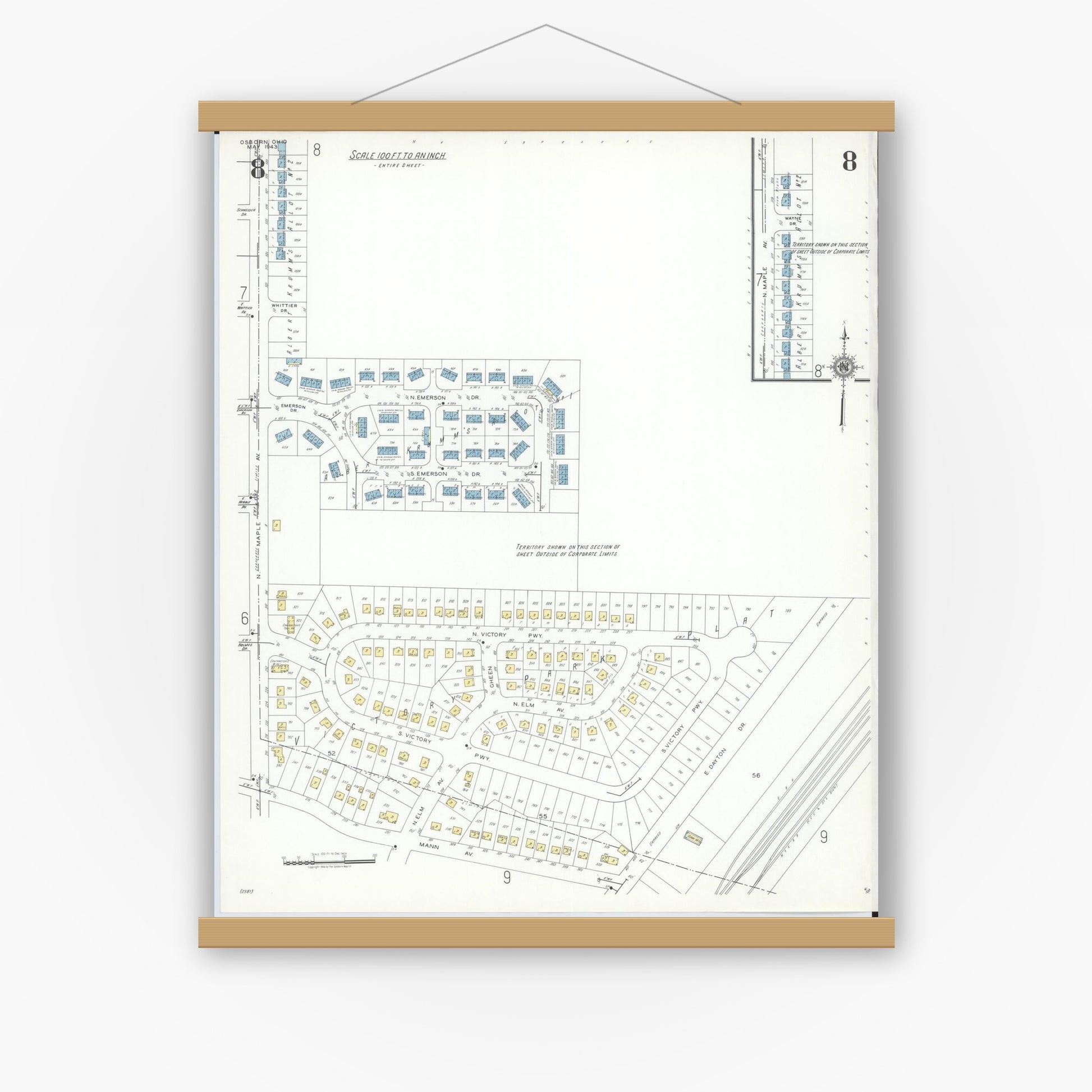 Old map wall art mockup — magnetic wood frame on white wall — Sanborn Fire Insurance Map from Osborn, Greene County, Ohio (1943), Sheet #0008