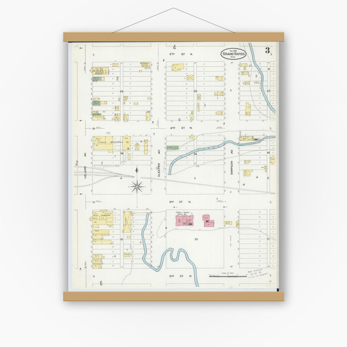 Old map wall art mockup — magnetic wood frame on white wall — Sanborn Fire Insurance Map from Grand Rapids, Itasca County, Minnesota (1908), Sheet #0003