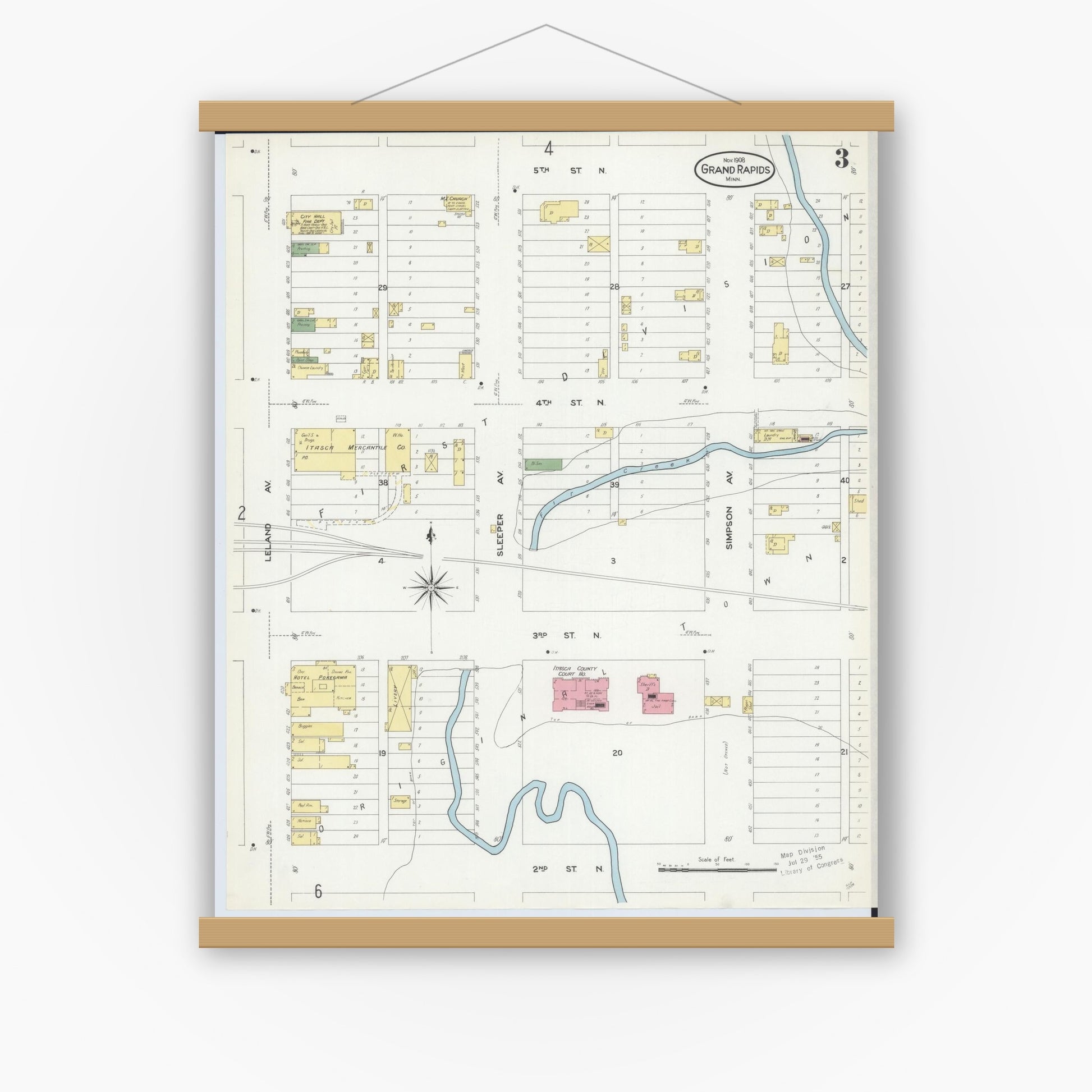 Old map wall art mockup — magnetic wood frame on white wall — Sanborn Fire Insurance Map from Grand Rapids, Itasca County, Minnesota (1908), Sheet #0003