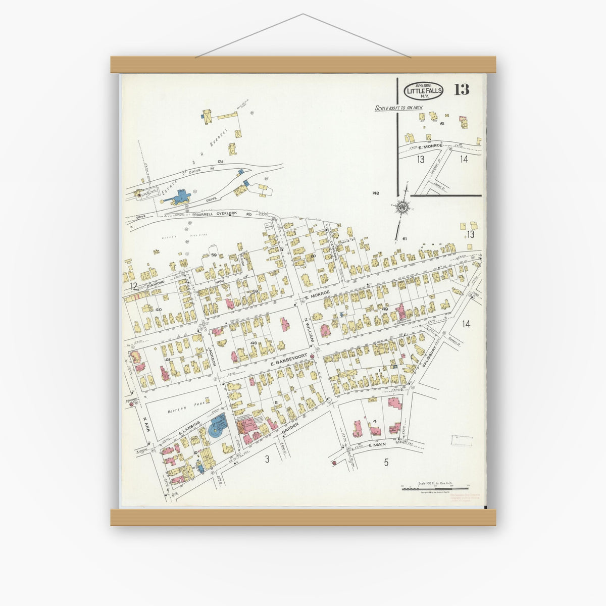 Old map wall art mockup — magnetic wood frame on white wall — Sanborn Fire Insurance Map from Little Falls, Herkimer County, New York (1918), Sheet #0013