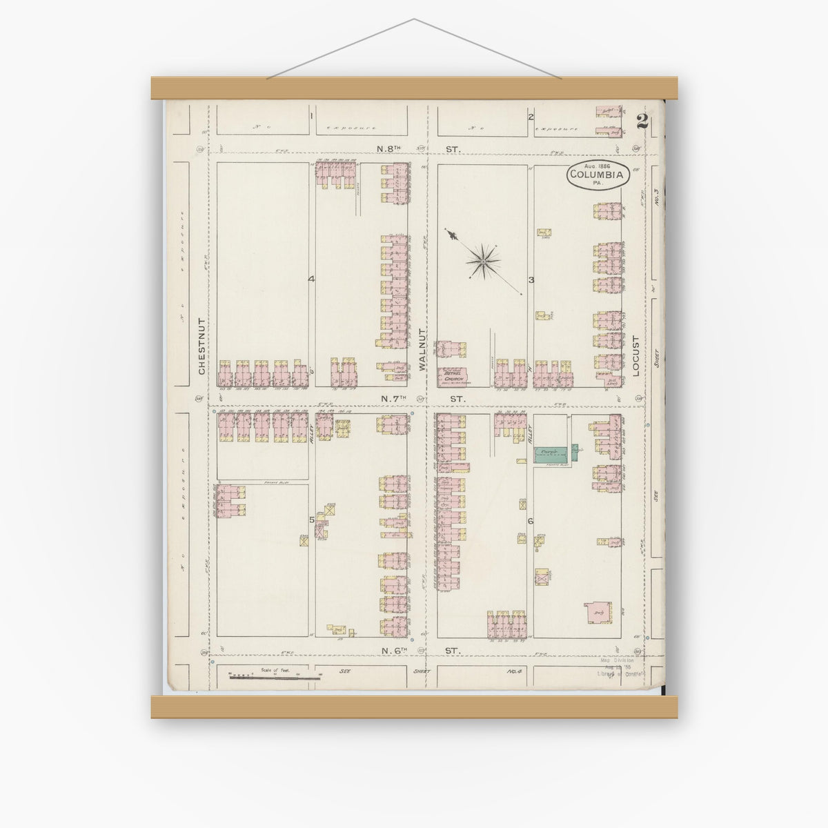 Old map wall art mockup — magnetic wood frame on white wall — Sanborn Fire Insurance Map from Columbia, Lancaster County, Pennsylvania (1886), Sheet #0002
