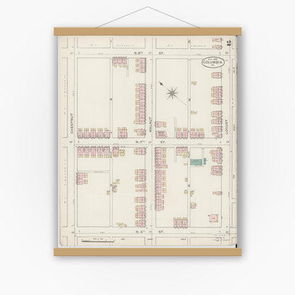 Old map wall art mockup — magnetic wood frame on white wall — Sanborn Fire Insurance Map from Columbia, Lancaster County, Pennsylvania (1886), Sheet #0002