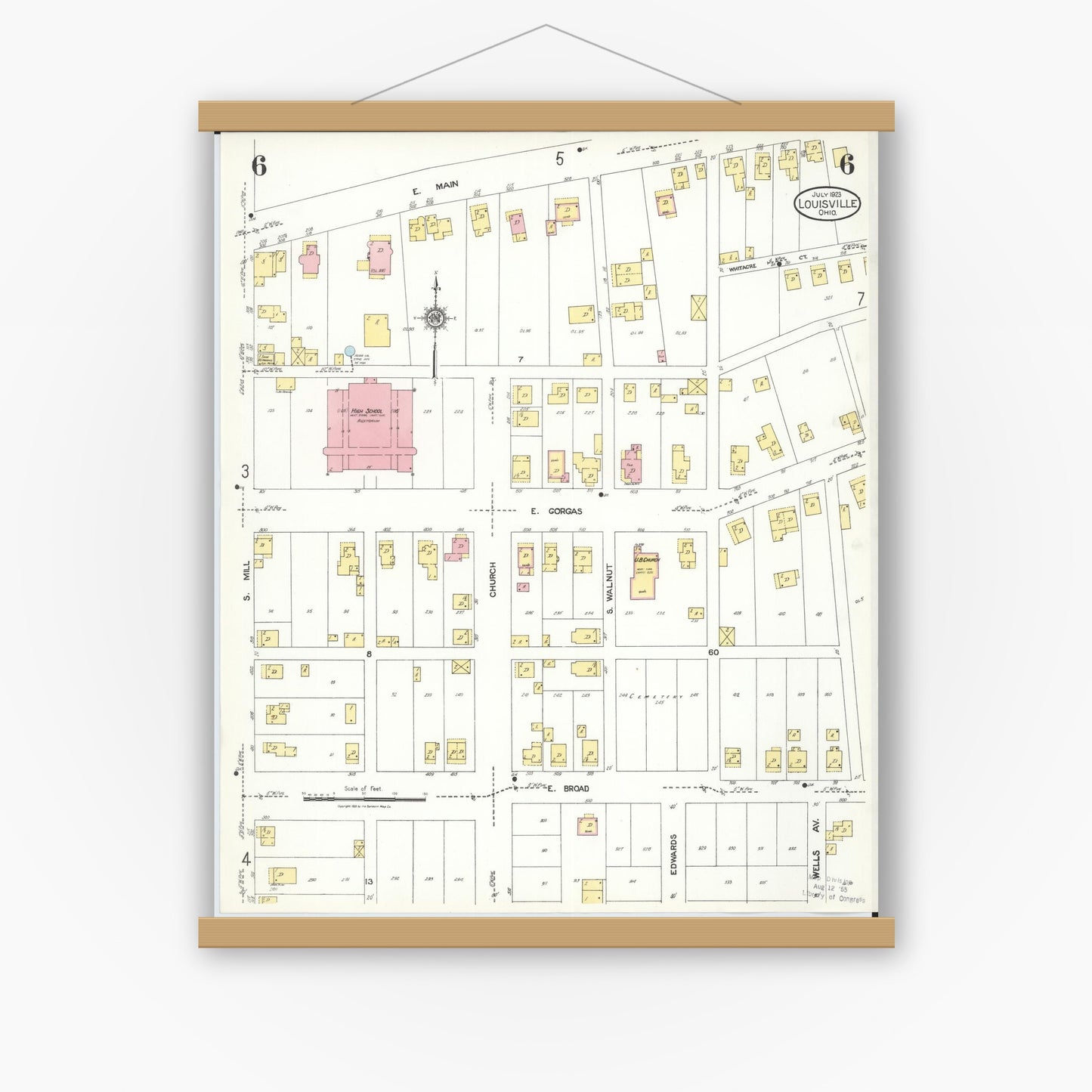 Old map wall art mockup — magnetic wood frame on white wall — Sanborn Fire Insurance Map from Louisville, Stark County, Ohio (1923), Sheet #0006