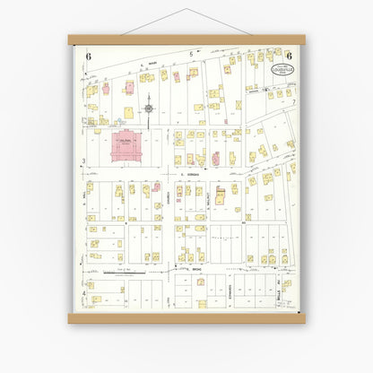 Old map wall art mockup — magnetic wood frame on white wall — Sanborn Fire Insurance Map from Louisville, Stark County, Ohio (1923), Sheet #0006