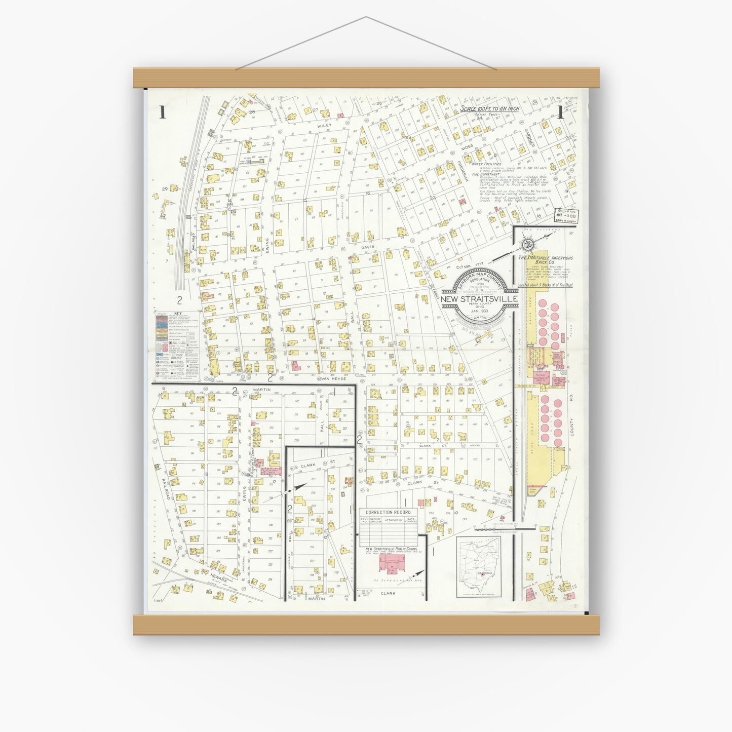 Old map wall art mockup — magnetic wood frame on white wall — Sanborn Fire Insurance Map from New Straitsville, Perry County, Ohio (1933), Sheet #0001