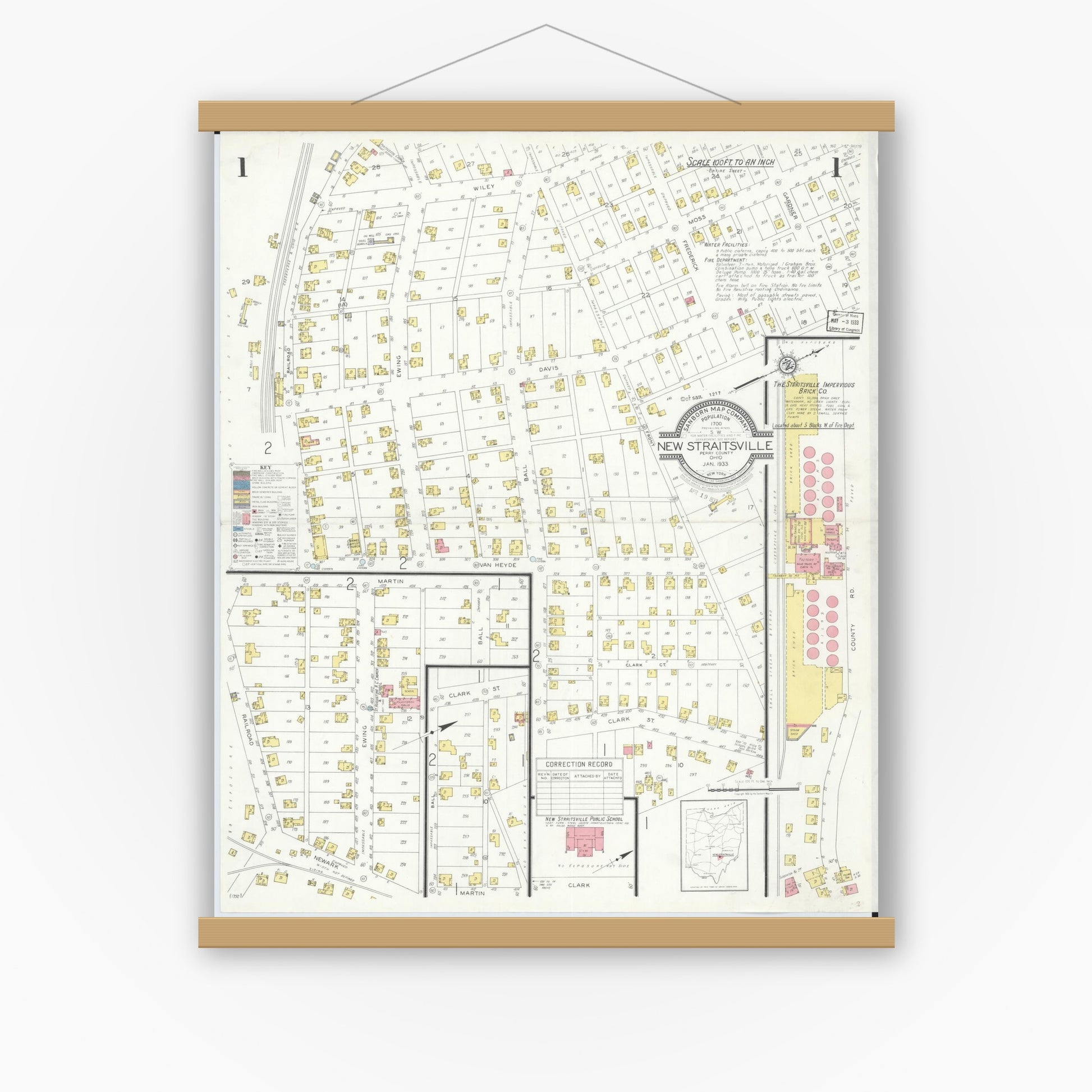 Old map wall art mockup — magnetic wood frame on white wall — Sanborn Fire Insurance Map from New Straitsville, Perry County, Ohio (1933), Sheet #0001