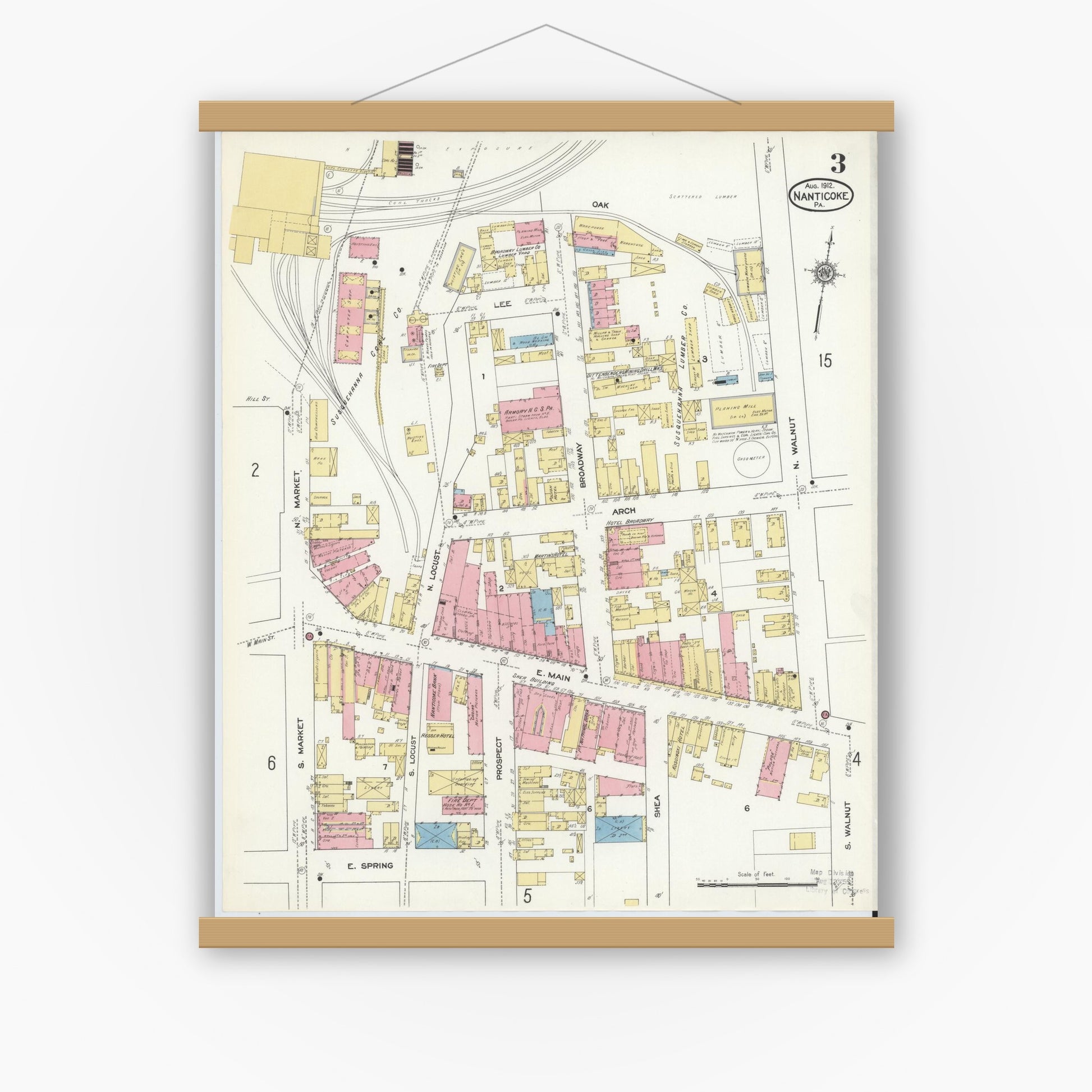 Old map wall art mockup — magnetic wood frame on white wall — Sanborn Fire Insurance Map from Nanticoke, Luzerne County, Pennsylvania (1912), Sheet #0003