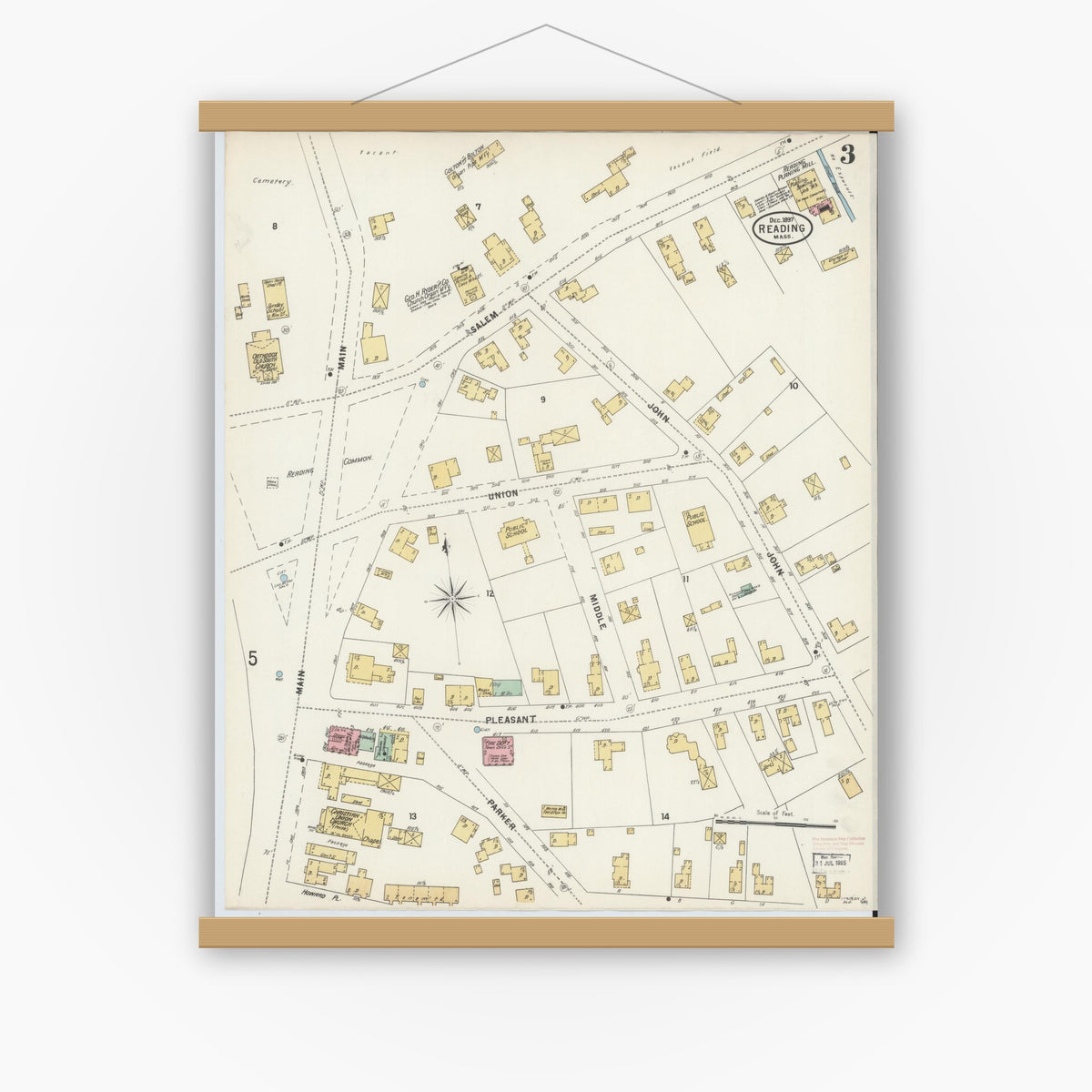 Old map wall art mockup — magnetic wood frame on white wall — Sanborn Fire Insurance Map from Reading, Middlesex County, Massachusetts (1897), Sheet #0003