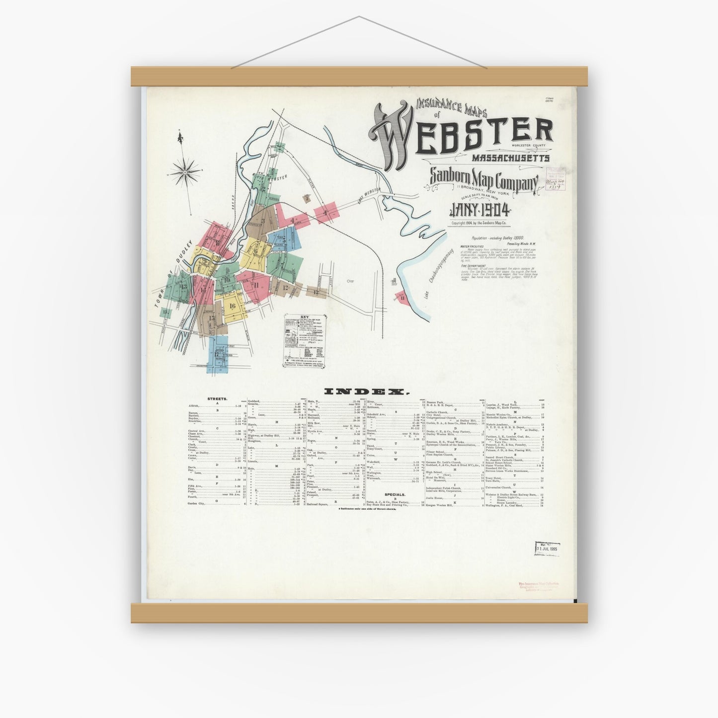 Old map wall art mockup — magnetic wood frame on white wall — Sanborn Fire Insurance Map from Webster, Worcester County, Massachusetts (1904), Sheet #0001
