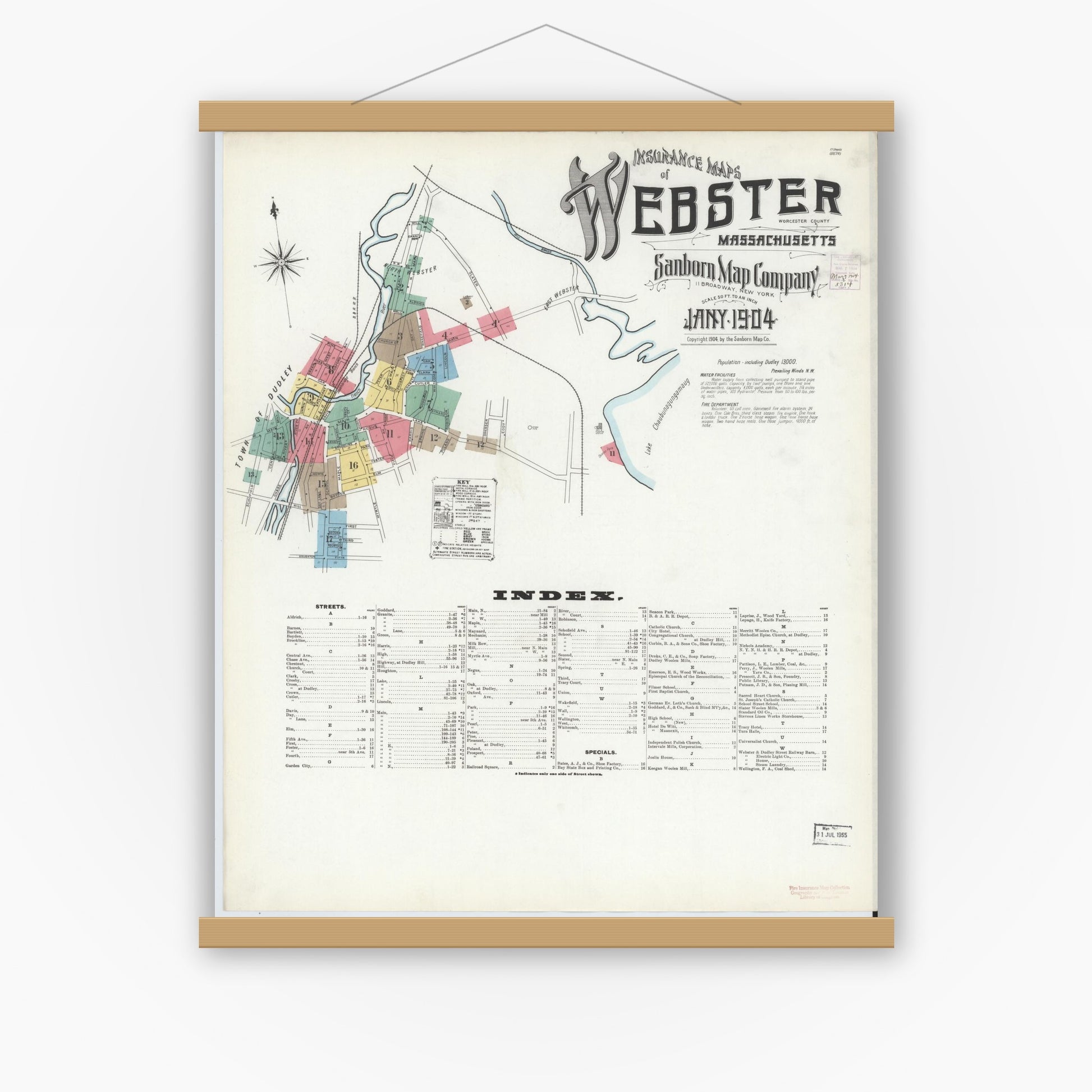 Old map wall art mockup — magnetic wood frame on white wall — Sanborn Fire Insurance Map from Webster, Worcester County, Massachusetts (1904), Sheet #0001