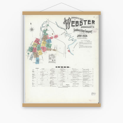 Old map wall art mockup — magnetic wood frame on white wall — Sanborn Fire Insurance Map from Webster, Worcester County, Massachusetts (1904), Sheet #0001