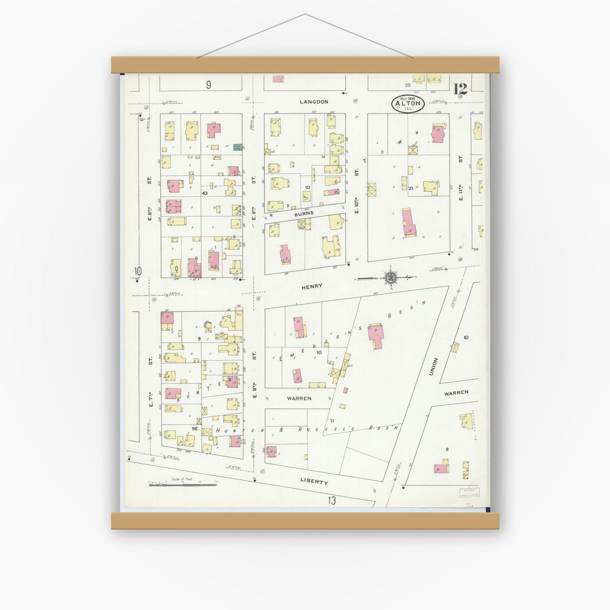 Old map wall art mockup — magnetic wood frame on white wall — Sanborn Fire Insurance Map from Alton, Madison County, Illinois (1909), Sheet #0012
