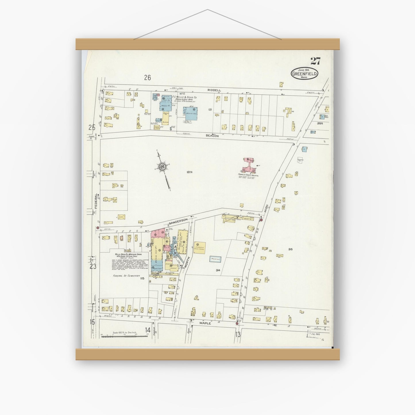 Old map wall art mockup — magnetic wood frame on white wall — Sanborn Fire Insurance Map from Greenfield, Franklin County, Massachusetts (1914), Sheet #0027