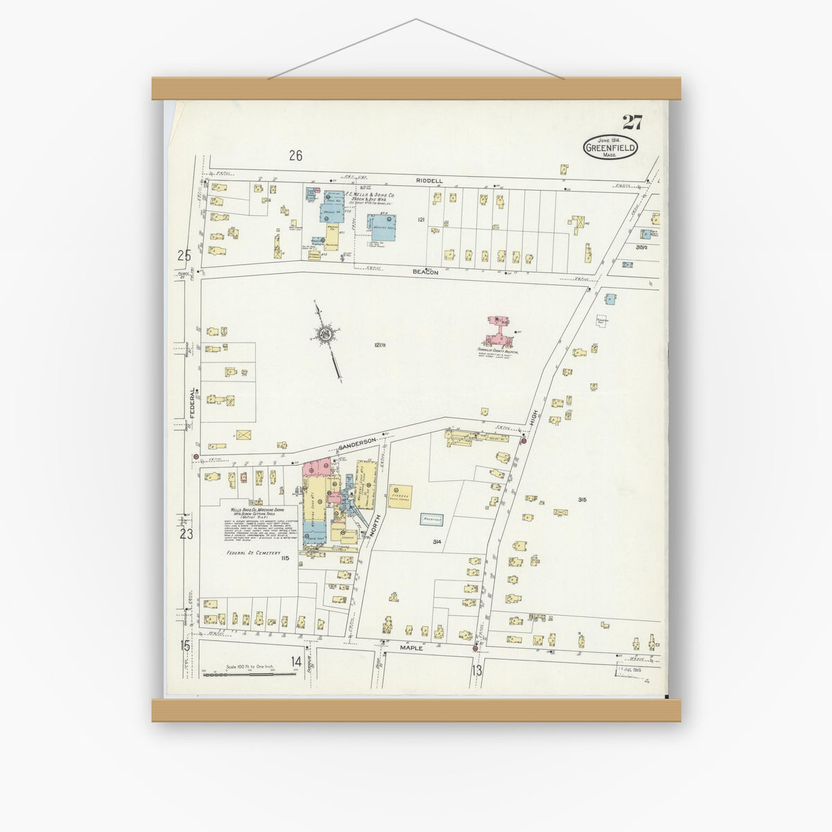 Old map wall art mockup — magnetic wood frame on white wall — Sanborn Fire Insurance Map from Greenfield, Franklin County, Massachusetts (1914), Sheet #0027