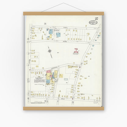 Old map wall art mockup — magnetic wood frame on white wall — Sanborn Fire Insurance Map from Greenfield, Franklin County, Massachusetts (1914), Sheet #0027