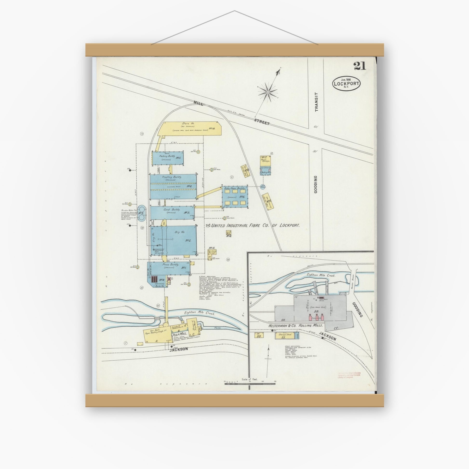 Old map wall art mockup — magnetic wood frame on white wall — Sanborn Fire Insurance Map from Lockport, Niagara County, New York (1898), Sheet #0021