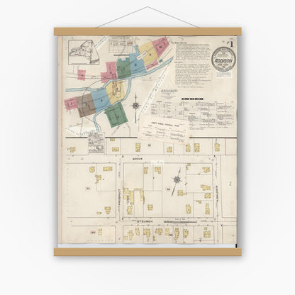 Old map wall art mockup — magnetic wood frame on white wall — Sanborn Fire Insurance Map from Addison, Steuben County, New York (1945) - Complete Map Set