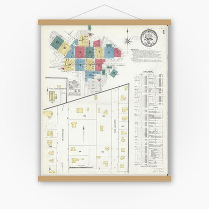 Old map wall art mockup — magnetic wood frame on white wall — Sanborn Fire Insurance Map from Terrell, Kaufman County, Texas (1909), Sheet #0001