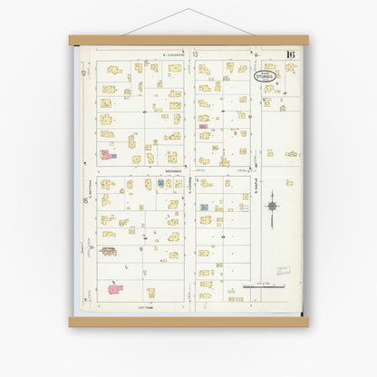 Old map wall art mockup — magnetic wood frame on white wall — Sanborn Fire Insurance Map from Sturgis, Saint Joseph County, Michigan (1911), Sheet #0016