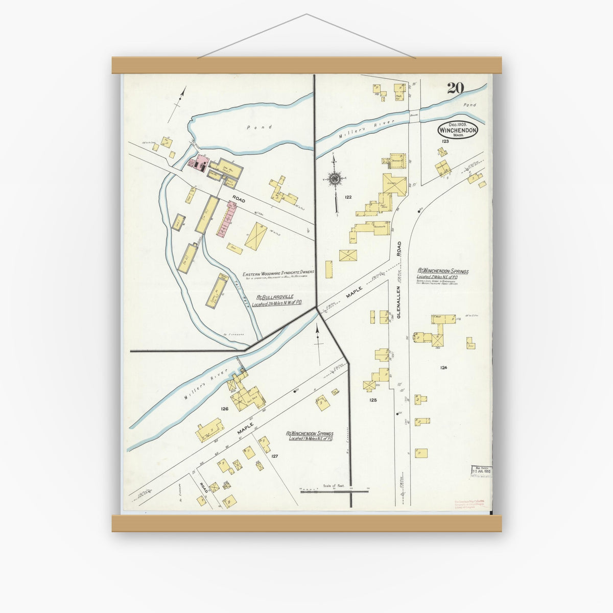 Old map wall art mockup — magnetic wood frame on white wall — Sanborn Fire Insurance Map from Winchendon, Worcester County, Massachusetts (1909), Sheet #0020