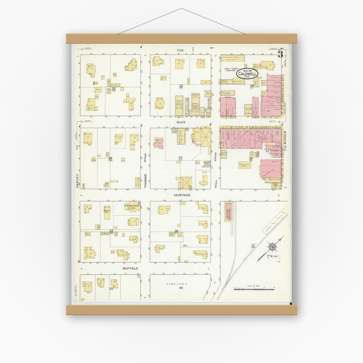 Old map wall art mockup — magnetic wood frame on white wall — Sanborn Fire Insurance Map from Caldwell, Burleson County, Texas (1915), Sheet #0003