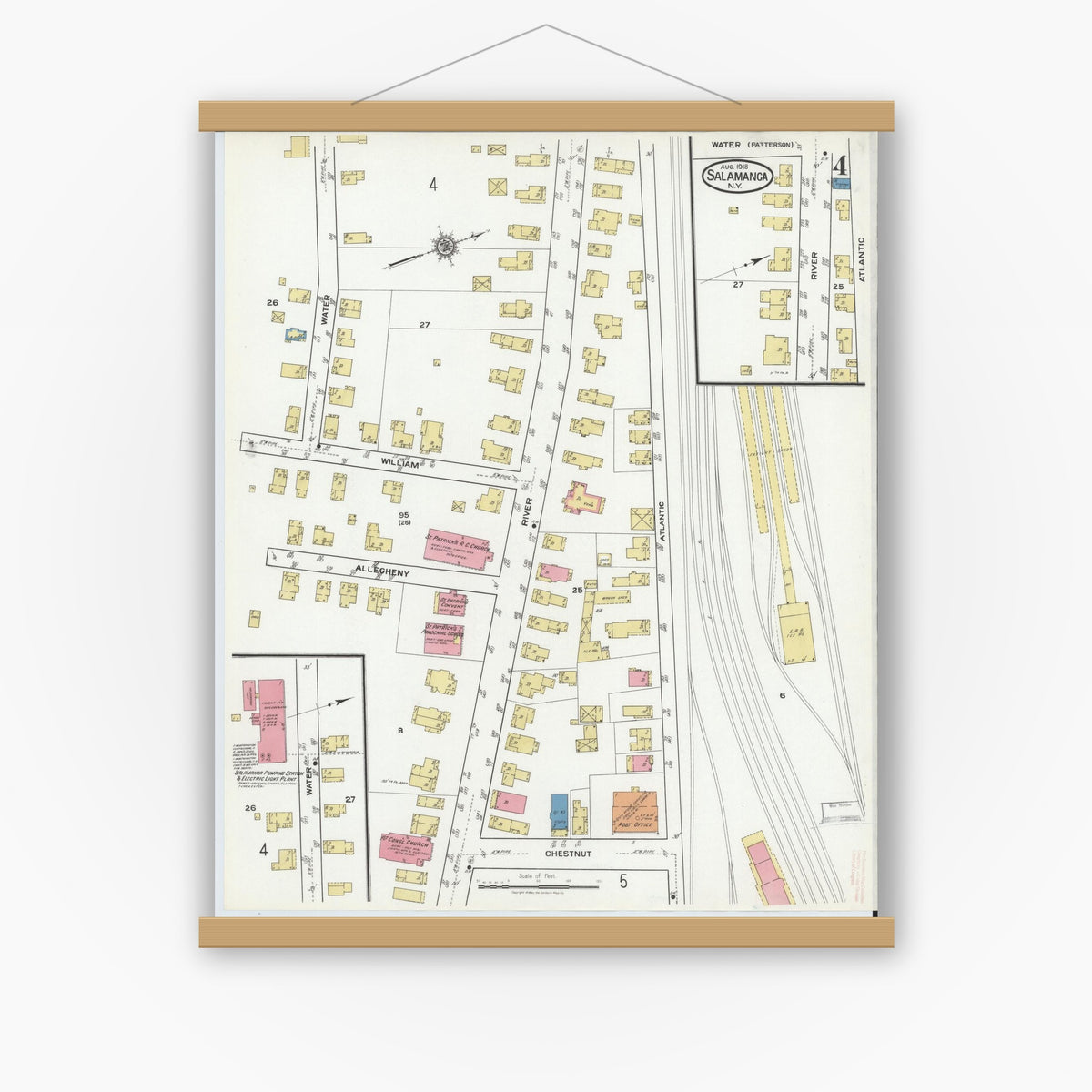 Old map wall art mockup — magnetic wood frame on white wall — Sanborn Fire Insurance Map from Salamanca, Cattaraugus County, New York (1918), Sheet #0004