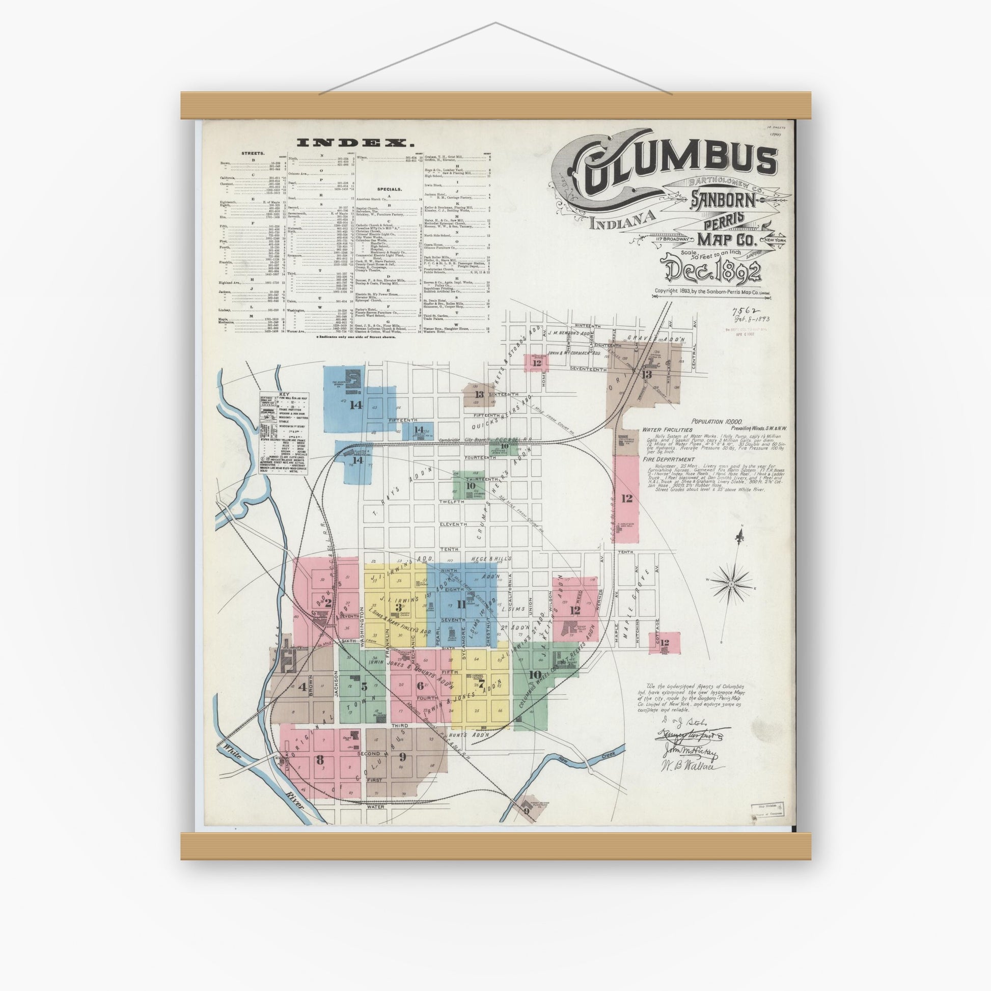 Old map wall art mockup — magnetic wood frame on white wall — Sanborn Fire Insurance Map from Columbus, Bartholomew County, Indiana (1892), Sheet #0001