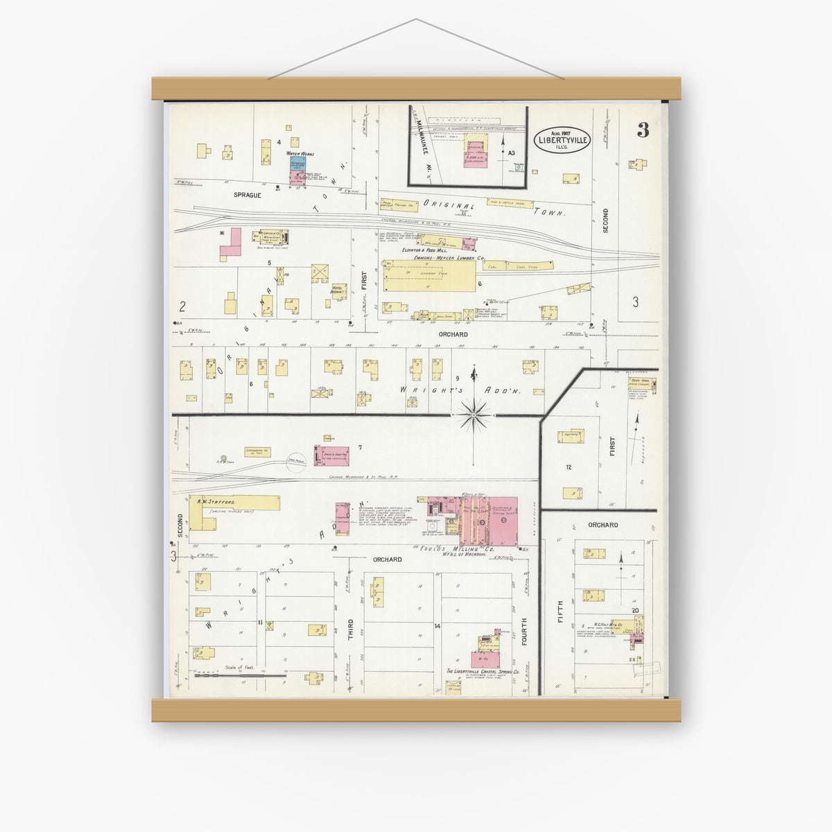 Old map wall art mockup — magnetic wood frame on white wall — Sanborn Fire Insurance Map from Libertyville, Lake County, Illinois (1907), Sheet #0003