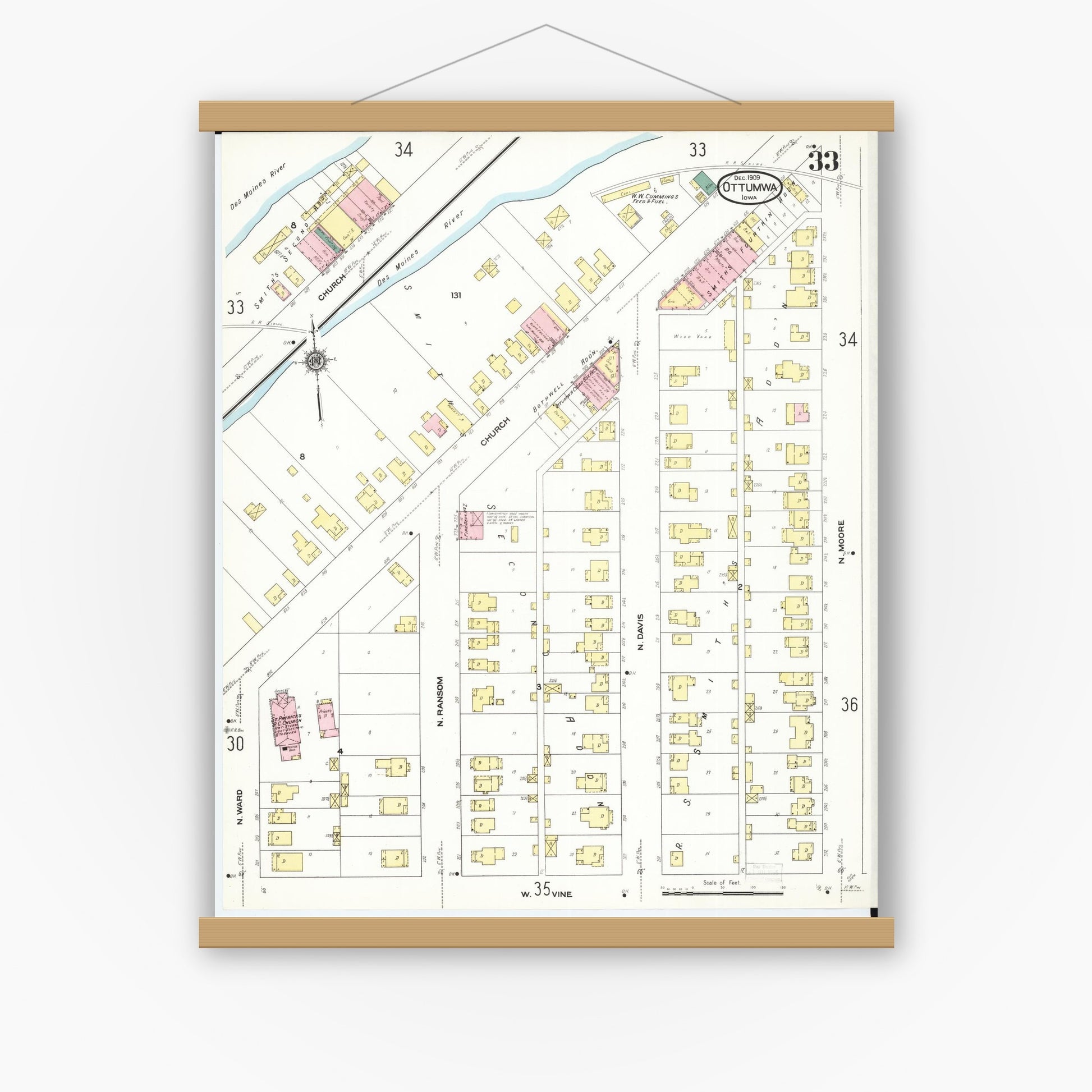 Old map wall art mockup — magnetic wood frame on white wall — Sanborn Fire Insurance Map from Ottumwa, Wapello County, Iowa (1909), Sheet #0033