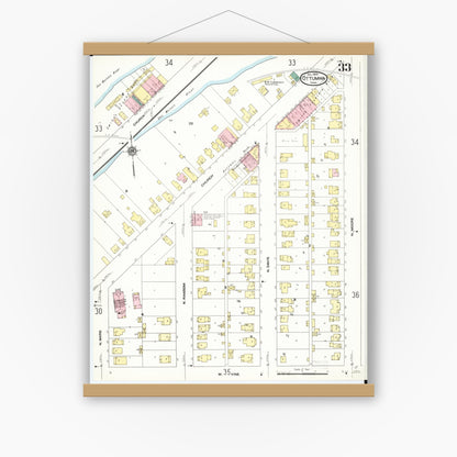 Old map wall art mockup — magnetic wood frame on white wall — Sanborn Fire Insurance Map from Ottumwa, Wapello County, Iowa (1909), Sheet #0033
