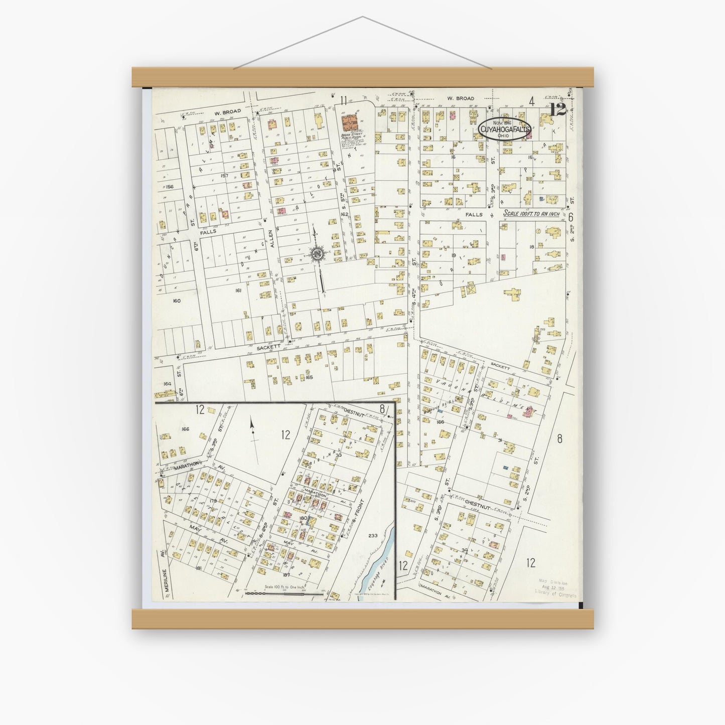 Old map wall art mockup — magnetic wood frame on white wall — Sanborn Fire Insurance Map from Cuyahoga Falls, Summit County, Ohio (1916), Sheet #0012