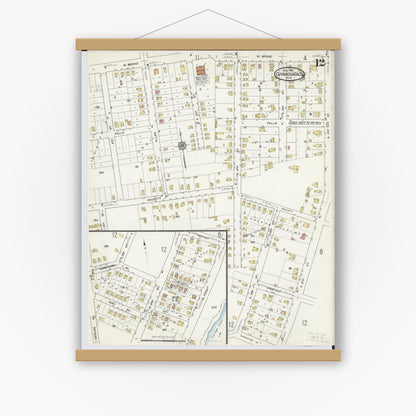 Old map wall art mockup — magnetic wood frame on white wall — Sanborn Fire Insurance Map from Cuyahoga Falls, Summit County, Ohio (1916), Sheet #0012